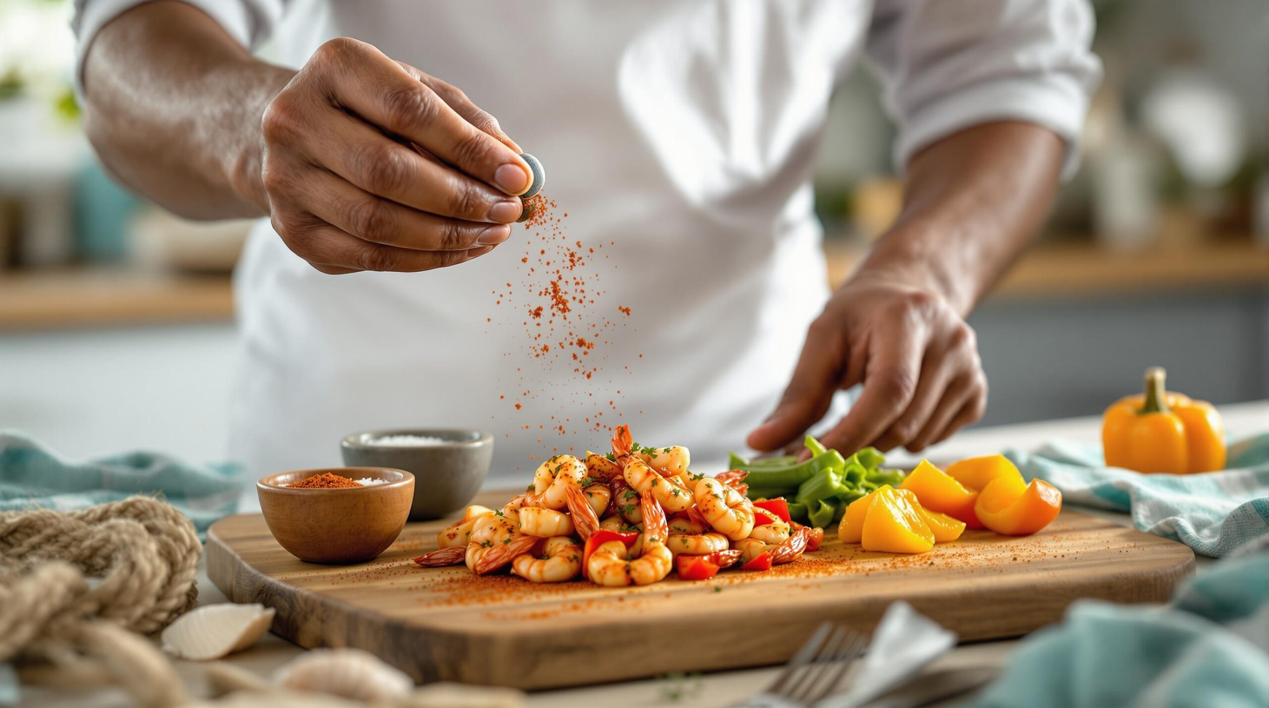 Chef seasoning fresh shrimp and vegetables with spice blend in coastal-inspired kitchen, warm natural light, nautical accents in background