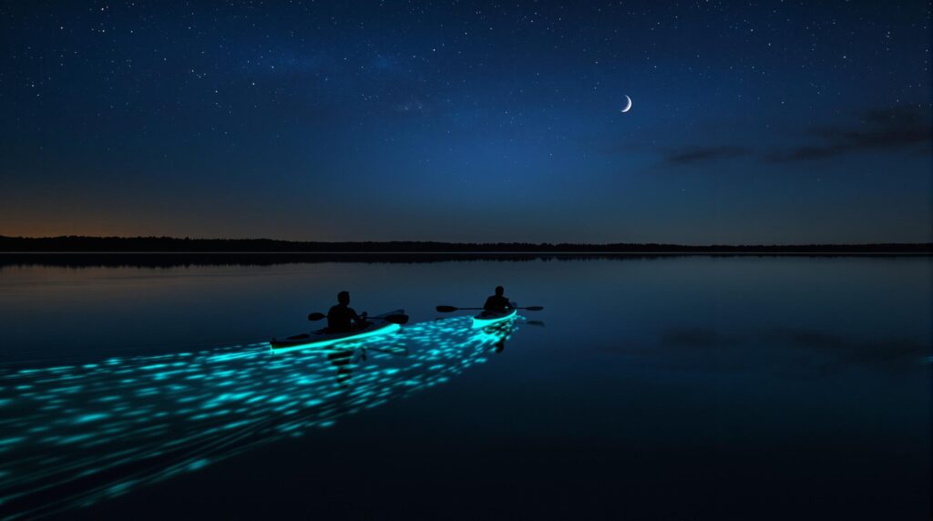 Two kayakers glide across a calm bay at night, their paddles creating glowing blue bioluminescent trails in the water under a starry sky and crescent moon, with a dark tree line in the distance.