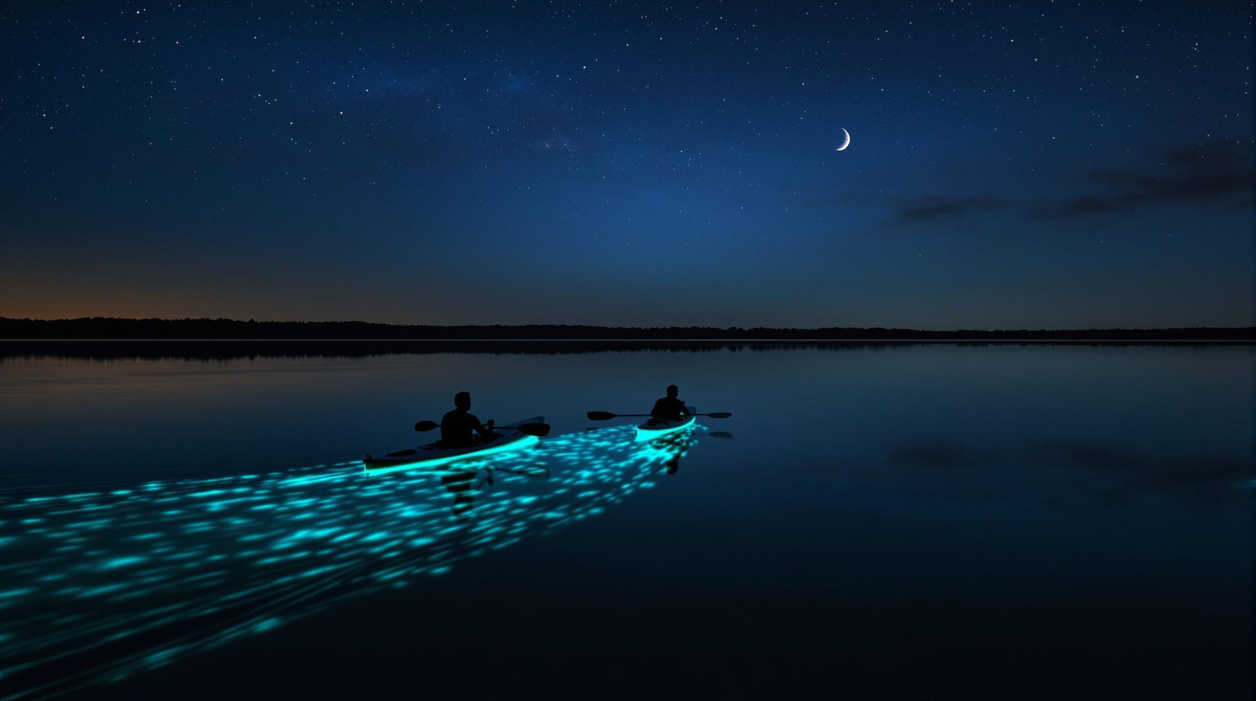 Two kayakers glide across a calm bay at night, their paddles creating glowing blue bioluminescent trails in the water under a starry sky and crescent moon, with a dark tree line in the distance.