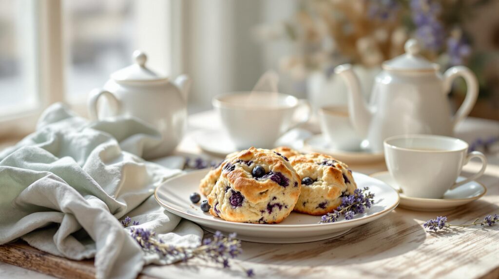 Freshly baked blueberry lavender scones on a white plate with a small teapot, two steaming teacups, and a sprig of lavender on a rustic wooden table, softly lit by morning sunlight.