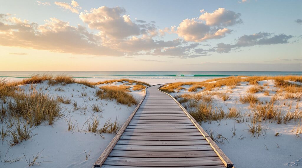 Wooden boardwalk winding through white sand dunes with sea oats at sunrise, gentle waves visible in the distance under a pastel sky