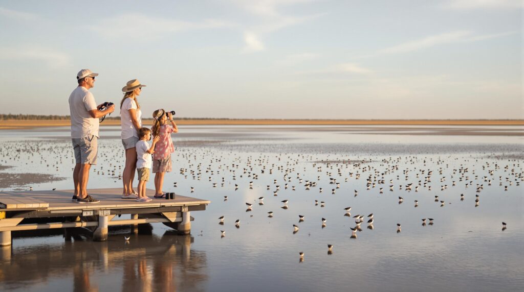 A family stands on a wooden deck bird-watching over a sunlit mudflat, binoculars in hand, with wading birds visible in the shallow water and a soft, natural background.