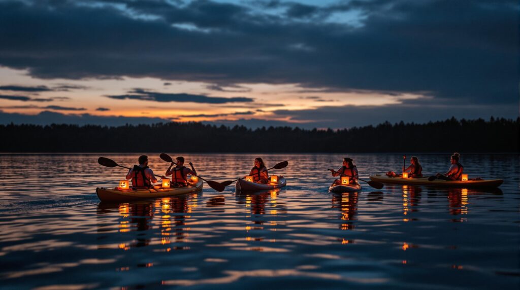 Kayakers and paddleboarders with glowing orange lanterns float on calm bay waters at twilight, silhouetted against a colorful sky.