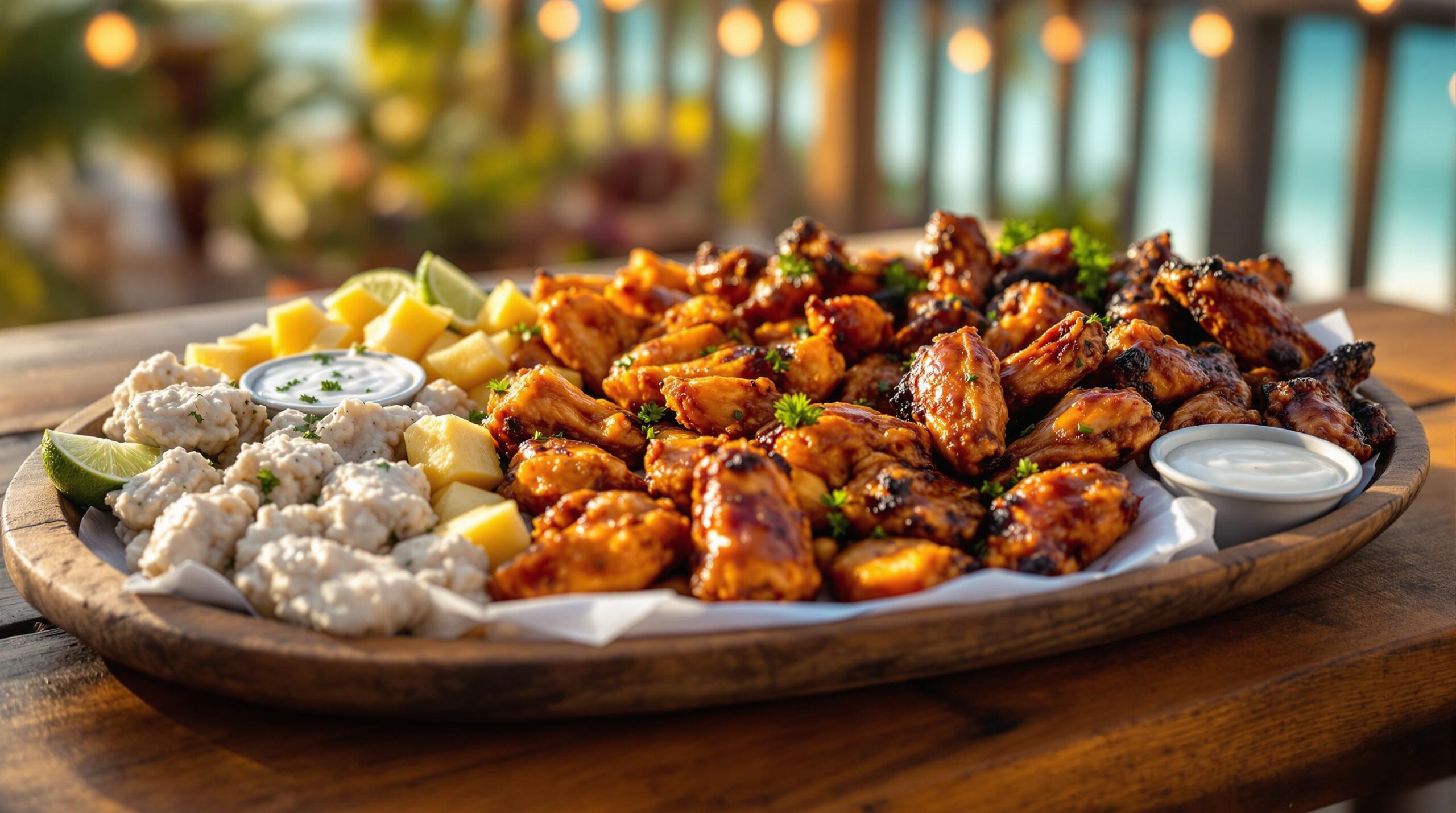 Platter of jerk chicken wings arranged from mild to spicy on a wooden table, garnished with lime wedges and pineapple, with blurred palm fronds and seaside background suggesting a beachside bar in Navarre, Florida