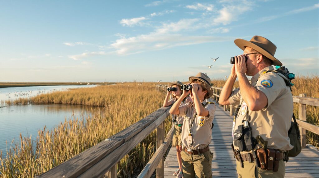 A park ranger helps three children with binoculars observe birds near a lagoon on a wooden boardwalk, surrounded by dune grasses and soft sunlight.