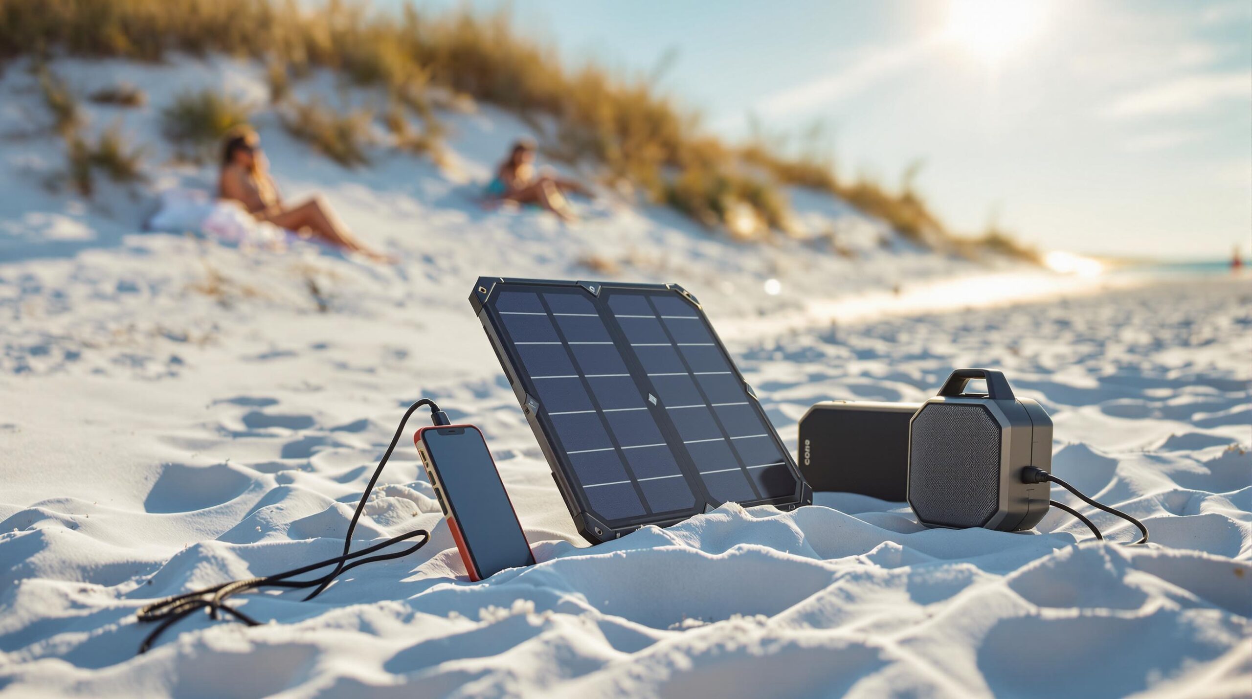 Beachgoers relaxing on white sand near dunes with a solar panel charging devices in the sun, turquoise Gulf waves in the background