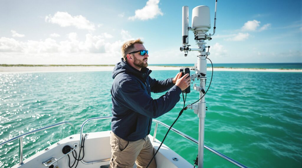Maritime technician in navy jacket adjusts radio antenna on a small boat off the Navarre coast, with emerald water and sandy shoreline in the background under a clear blue sky.