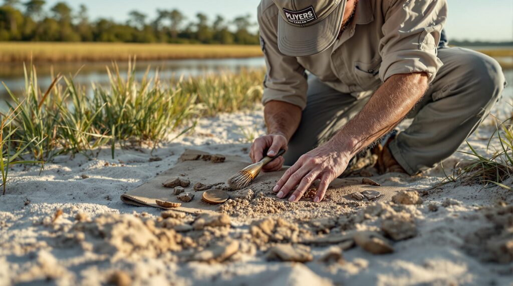 Archaeologist examines Spanish coin and pottery fragments on sandy bayou shoreline near Navarre, Florida, with grassy marsh and pine trees in soft afternoon light.