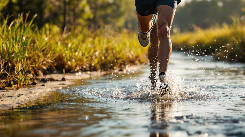 Trail runner splashing through shallow water in a lush bayou with tall grasses and blurred trees in the background under warm morning light.