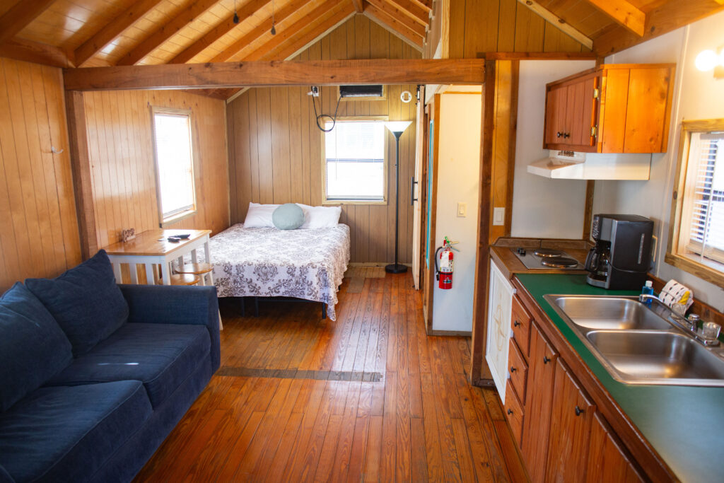 A cozy cabin interior featuring a blue couch, a small bed with a white and floral bedspread, a compact kitchen with a sink and stove, wooden floors, and exposed beam ceilings. Natural light streams in from the windows.