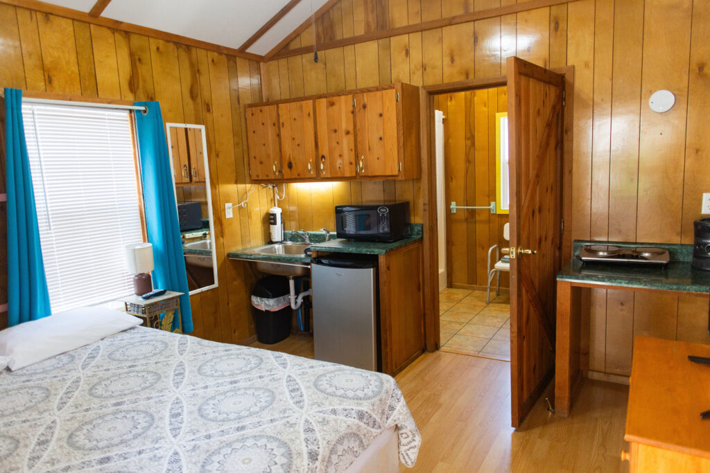 A cozy cabin room with wood-paneled walls, a bed with a patterned cover, a kitchenette with a mini-fridge, microwave, and coffee maker, and an open door leading to a tiled bathroom. Blue curtains cover a window.