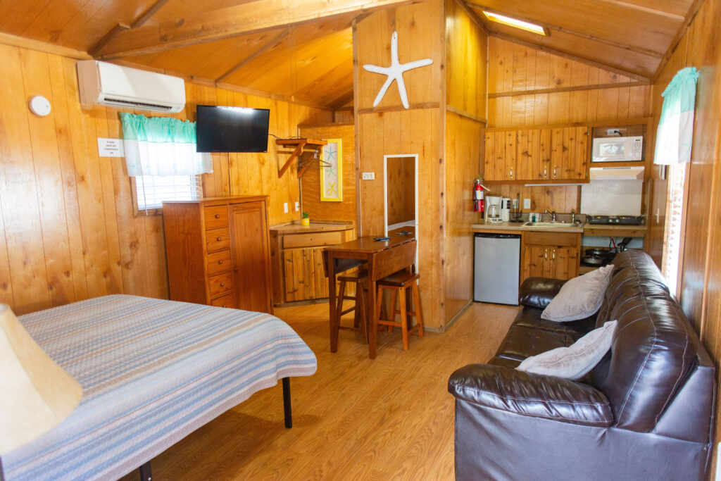 Cozy wooden cabin interior with a bed, brown leather couch, small dining table, kitchenette, dresser, wall-mounted TV, and air conditioner. Bright natural light enters through curtained windows.