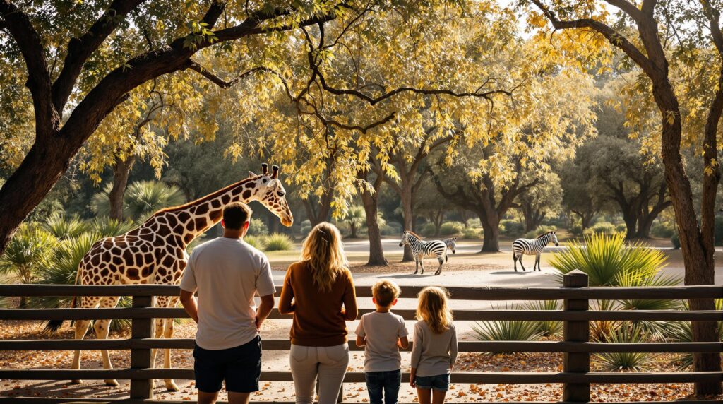 Family with two children watches giraffe and zebras at a small zoo on a sunny autumn day, with golden light and subtropical trees in the background