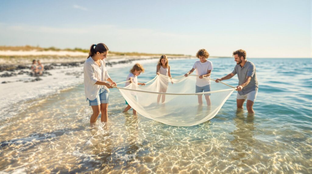 Family with children wading in shallow water using a seine net to catch grass shrimp, with seagrass beds visible and soft sunlight reflecting on the water.