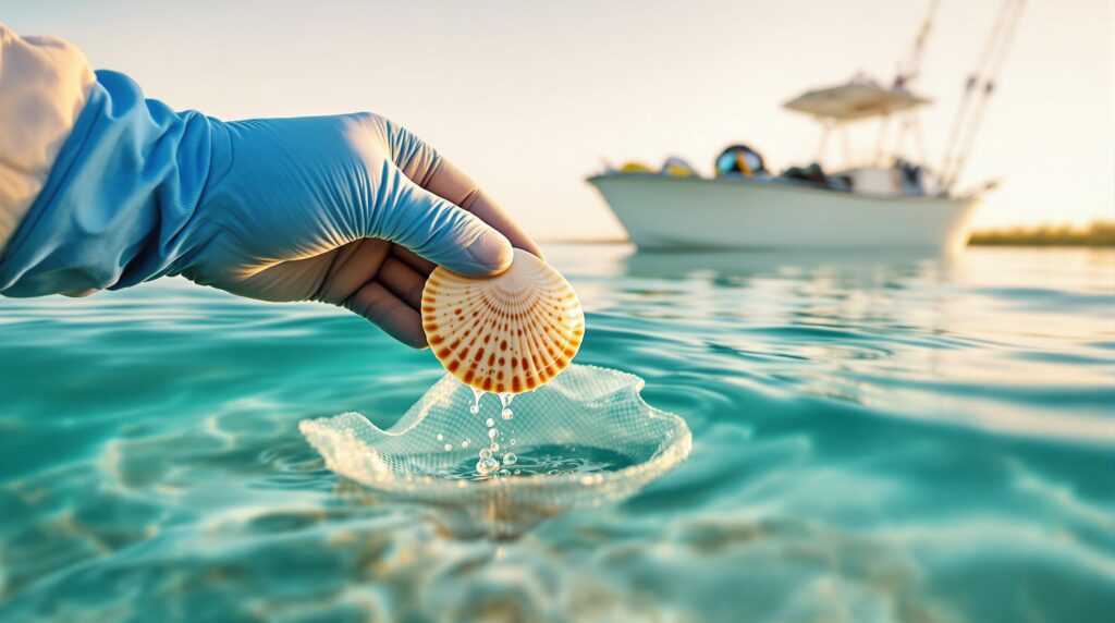Gloved hand holding bay scallop above clear shallow water near a skiff, with snorkeling gear and mangroves in the blurred background, under warm sunlight.