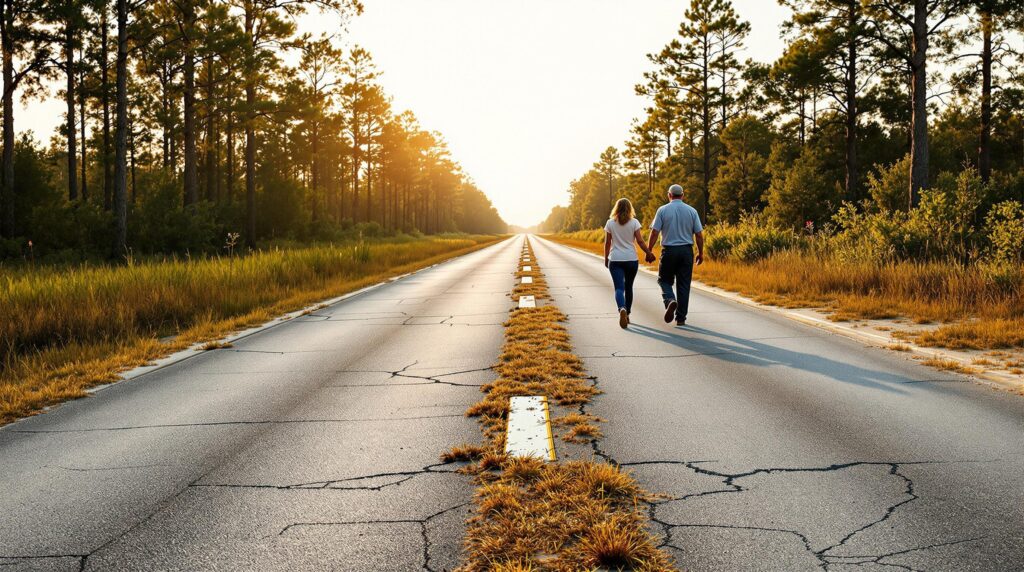 A middle-aged couple walks along a cracked, overgrown 1940s runway bordered by pine trees and underbrush in warm afternoon light.