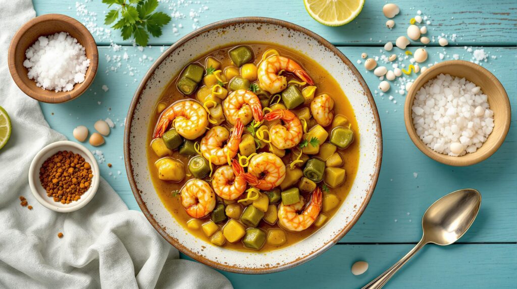 Overhead view of a rustic bowl filled with Gulf-spiced heirloom curry featuring shrimp, okra, and citrus zest, surrounded by spices, lime wedges, and an antique spoon on a blue wooden table with blurred seashells in the background.