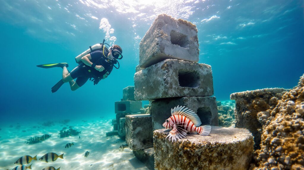 Scuba diver observing a lionfish on an artificial reef underwater, with sunlight filtering through clear blue water and small fish swimming nearby.