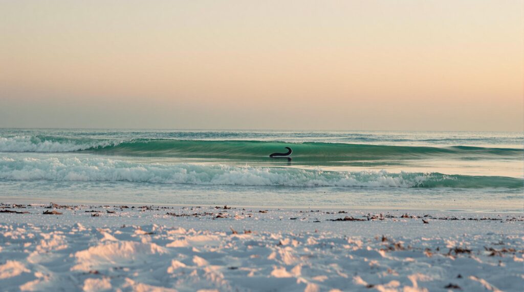 Dusk view of gentle waves on a sandy beach with sea oats in the foreground and a mysterious, shadowy sea serpent shape in the distant water under a pastel sky.