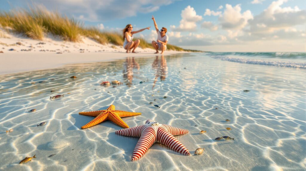 Two people crouch near shallow Navarre Beach tide pools at low tide, observing a starfish, hermit crab, sea anemones, and small fish in clear water under soft morning sunlight, with gentle waves and dune grass in the background.