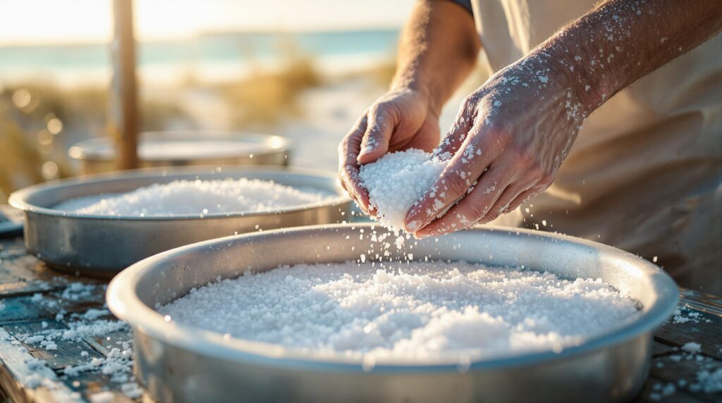Hands harvesting sea-salt flakes from shallow pan on rustic table, with soft coastal light and blurred dune grasses in the background