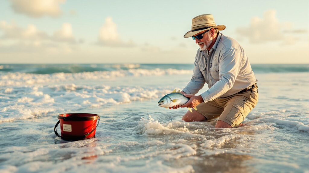 A surf fisherman wearing sun-protective clothing and a straw hat releases a small pompano fish into gentle surf on a sandy, generic beach at sunrise, with fishing gear nearby and a soft pastel sky in the background.
