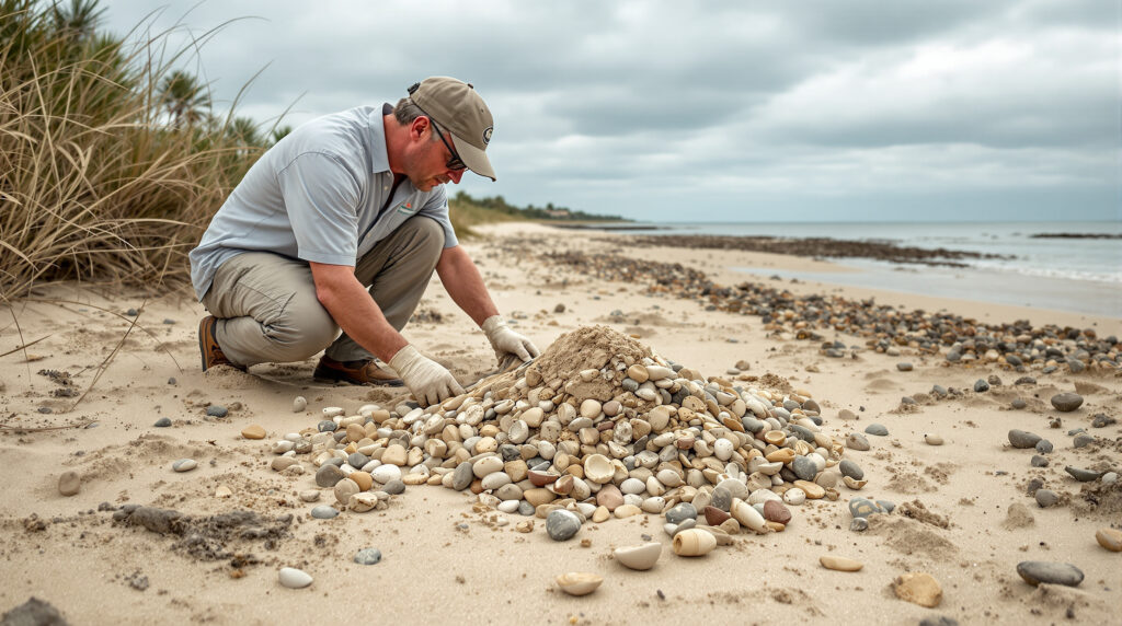 Archaeologist examining shell midden remains along a sandy shoreline near coastal vegetation with oyster shells and pottery fragments in the foreground, calm water and cloudy sky in the background.