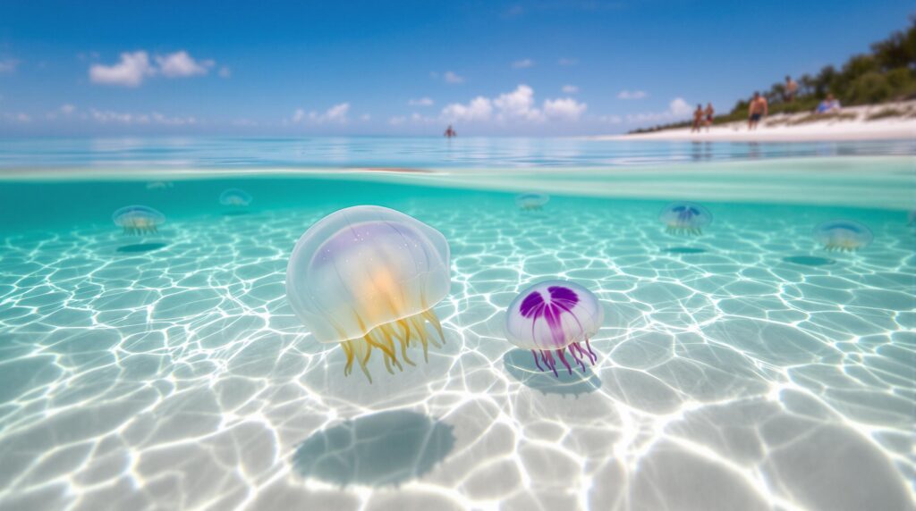 Multiple jellyfish floating in clear shallow water near a sandy beach with blurred beachgoers in the distance under bright daylight.