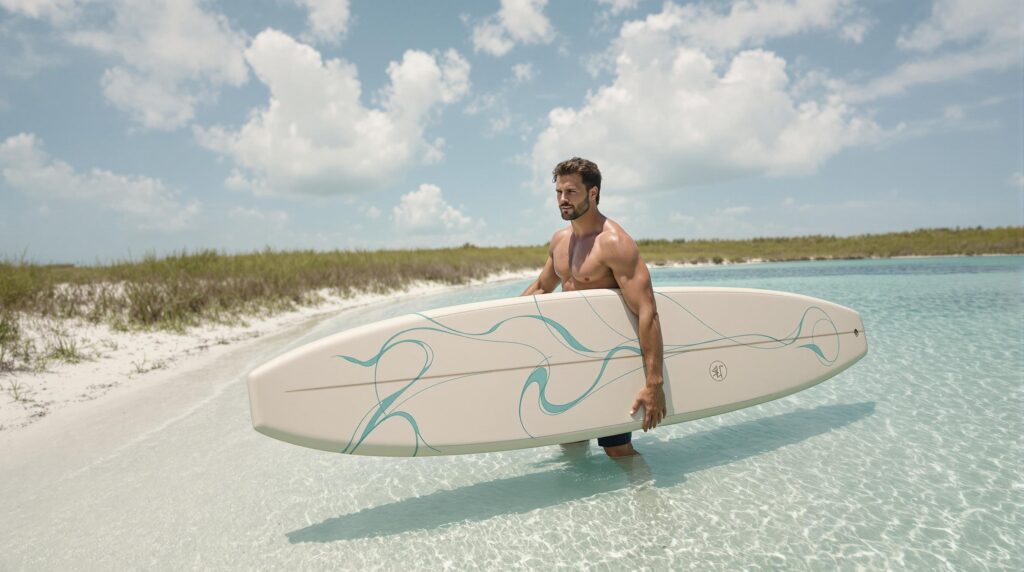A person holds a ceramic sheepsfoot paddleboard while standing in shallow water on a sandy Florida beach, with dune grass and gentle waves in the background under a partly cloudy sky.