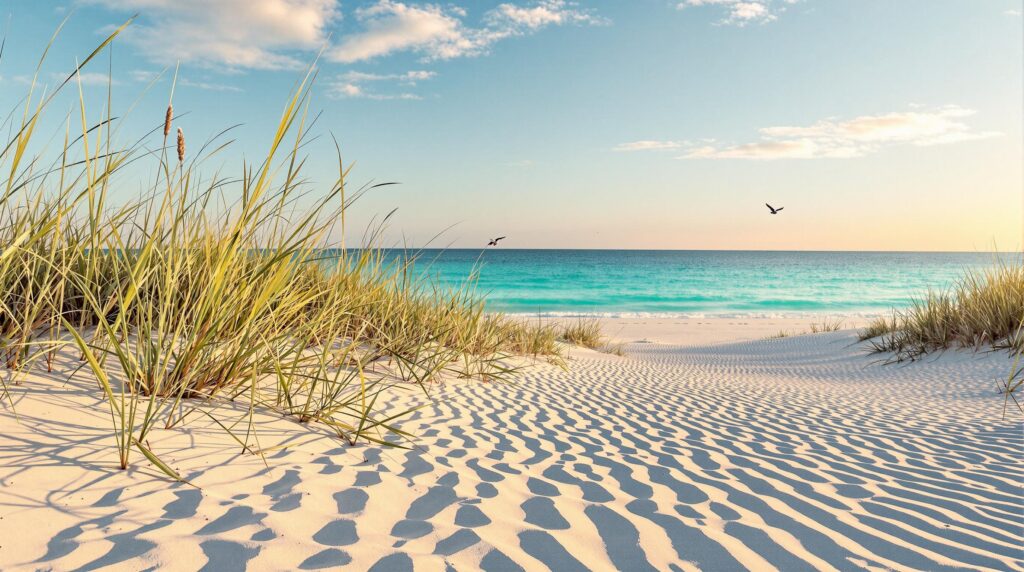 Sea oats and native grasses growing on sandy dunes with the Gulf of Mexico in the background under a sunrise sky, illustrating coastal vegetation protecting against storm surges.