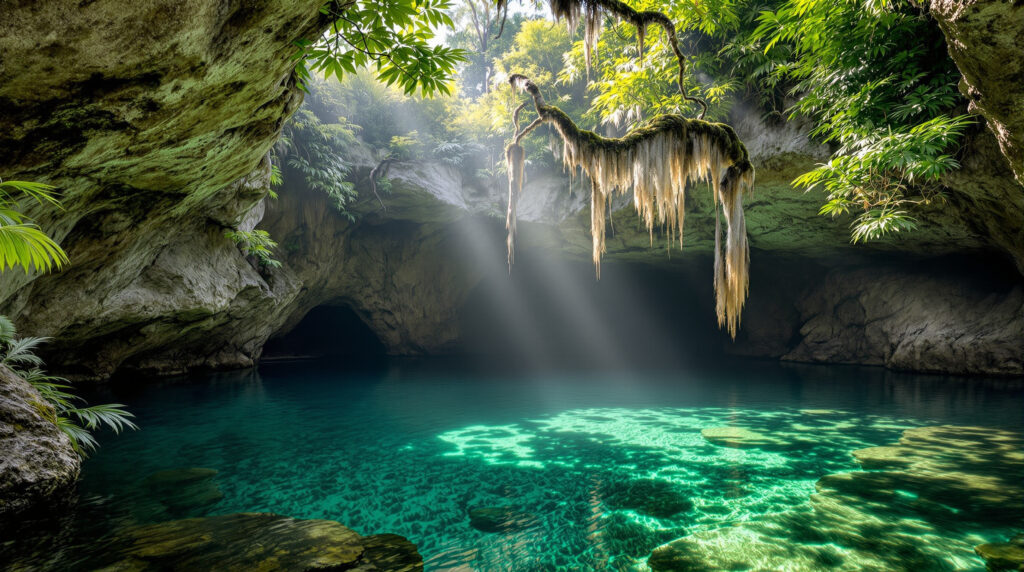 A clear limestone sinkhole surrounded by lush green ferns, saw palmetto, and Spanish moss-draped oaks, with sunbeams filtering through the forest canopy in a tranquil Florida woodland.