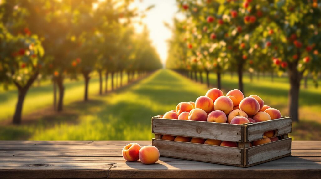 A wooden crate filled with ripe peaches sits on a rustic table in a sunlit orchard with peach trees and soft green foliage blurred in the background.