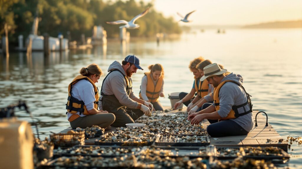 Oyster farmer teaching a group of adults how to shuck oysters on a floating dock, with oyster cages and calm bay waters in the background, under soft morning sunlight near Navarre, Florida.
