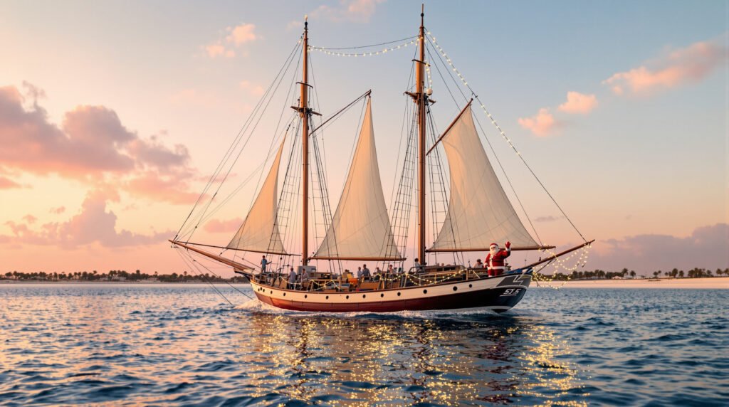 A festive schooner decorated with holiday lights glides across calm waters at sunset near Navarre, Florida, with Santa Claus waving from the bow and crew tending sails, silhouetted palm trees and dunes in the distant background.