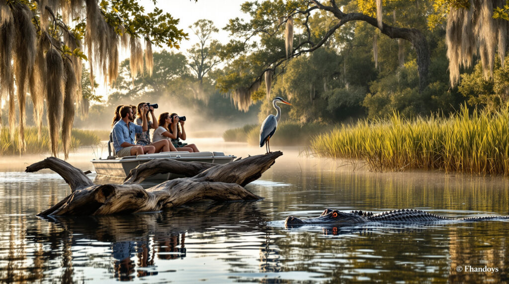 Wildlife photographers on a boat in a Florida wetland photographing a great blue heron on driftwood with an alligator in the water, surrounded by cypress trees and Spanish moss in morning light.