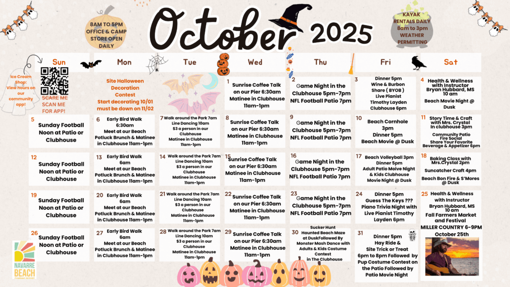 October 2025 activities calendar with daily events listed for a community, including games, meals, fitness classes, and holiday-themed activities, decorated with autumn and Halloween graphics.
