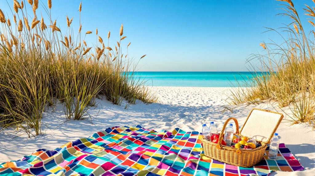 A picnic blanket and basket with fruit set on white sand dunes near turquoise water, with sea oats and soft golden sunlight, at a secluded coastal area.