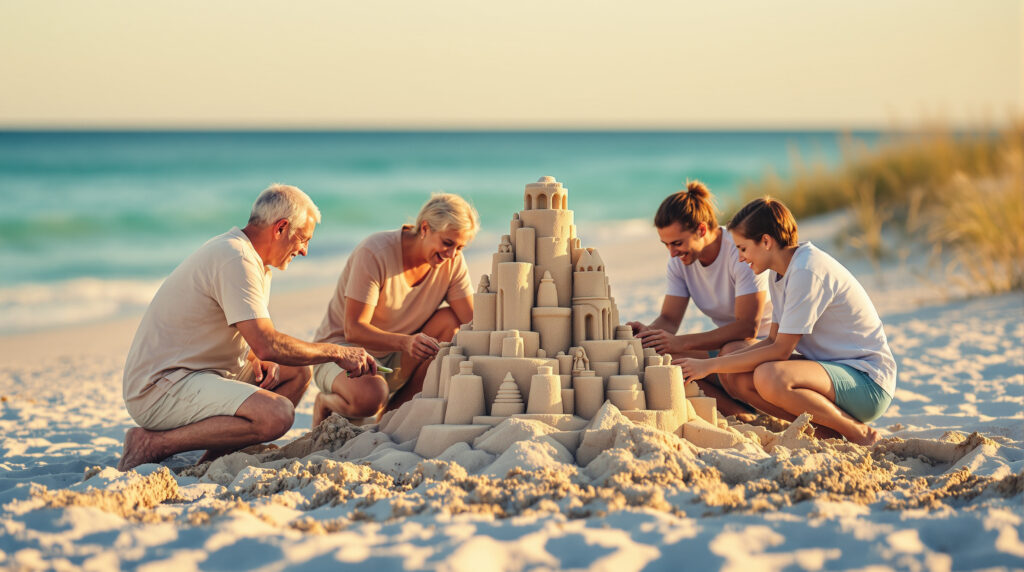 A family of multiple generations builds an elaborate sandcastle with the guidance of a local artist on a sunny Navarre Beach, with soft waves and dune grasses in the background.
