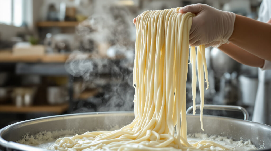 Gloved hands stretching fresh, hand-pulled mozzarella cheese over a stainless steel vat in a bright, clean dairy workspace, with soft sunlight filtering in and blurred shelves in the background.