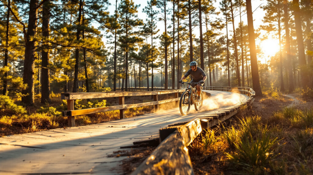 Mountain biker riding across a wooden bridge on a forest trail surrounded by tall pines and palmettos, with golden sunlight filtering through the trees.