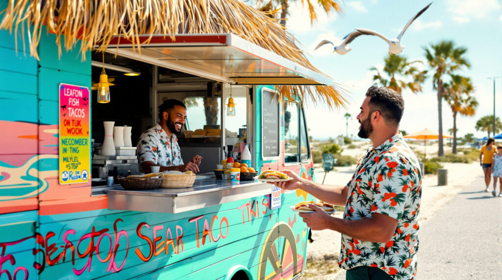 A colorful tiki-style seafood taco truck serves customers near sand dunes and palm trees in Navarre, Florida, with a vendor handing a fish taco to a smiling beachgoer under a sunny sky.