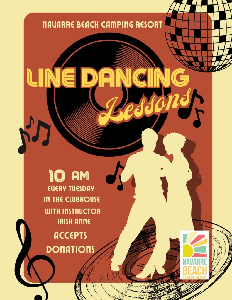 Poster for Navarre Beach Camping Resort advertising line dancing lessons every Tuesday at 10 AM in the clubhouse with instructor Irish Anne; donations accepted.