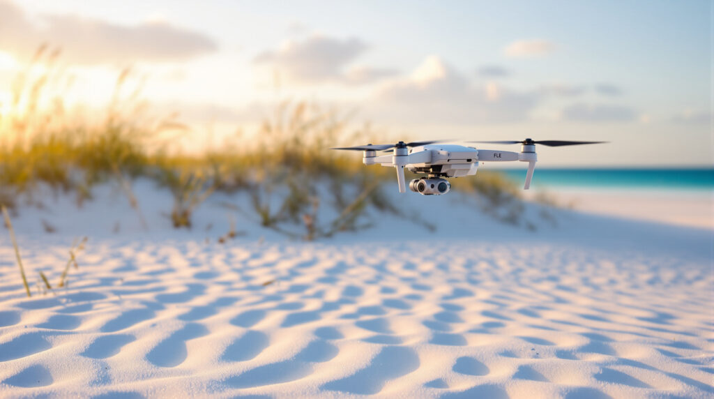 A thermal imaging drone hovers over white sand dunes and sea-oat grasses on a Navarre, Florida beach at sunrise, with soft golden light and a blurred turquoise horizon in the background.