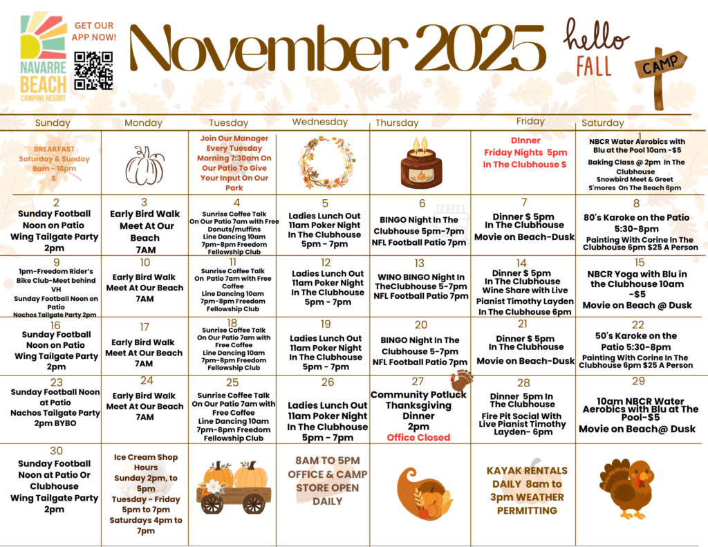 Navarre Beach Campground November 2025 activity calendar with daily events, meal times, and recreational activities listed in a grid, decorated with autumn-themed graphics.