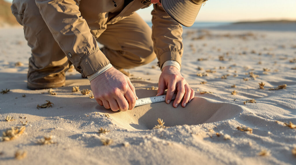 Field researcher measuring a ghost crab burrow in sandy dunes with sea oats under soft sunlight, blurred shoreline in background.