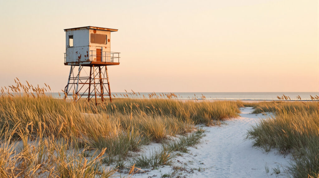 Weathered metal test tower from the 1940s stands among sandy dunes and sea oats at sunrise near Navarre, Florida, with soft golden light and a calm horizon in the background.
