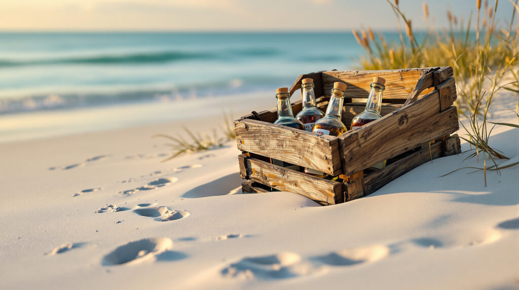 Weathered wooden crate with vintage glass rum bottles protruding from the sand near a quiet shoreline, faint footprints leading to the water, warm sunlight and sea oats framing the scene, evoking a 1920s coastal mystery.