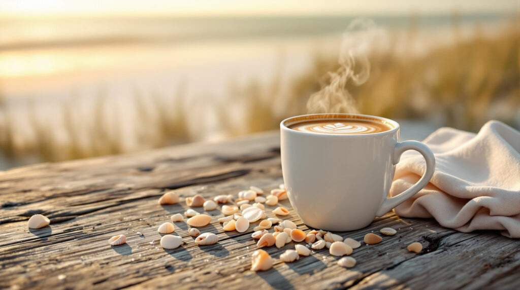 White coffee mug with steaming dark roast on driftwood table, seashells and linen napkin, sunlit sandy beach and gentle waves in soft-focus background at sunrise