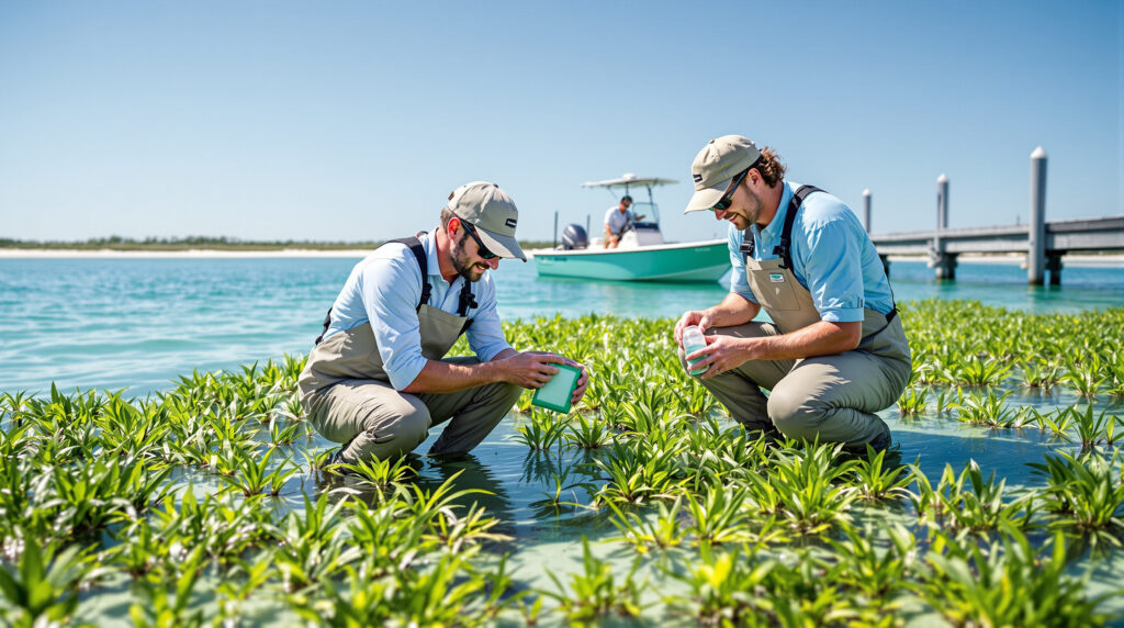 Two scientists in waders survey seagrass at a boat ramp, kneeling in clear water with research equipment, skiff and sandy shoreline in background under blue sky.