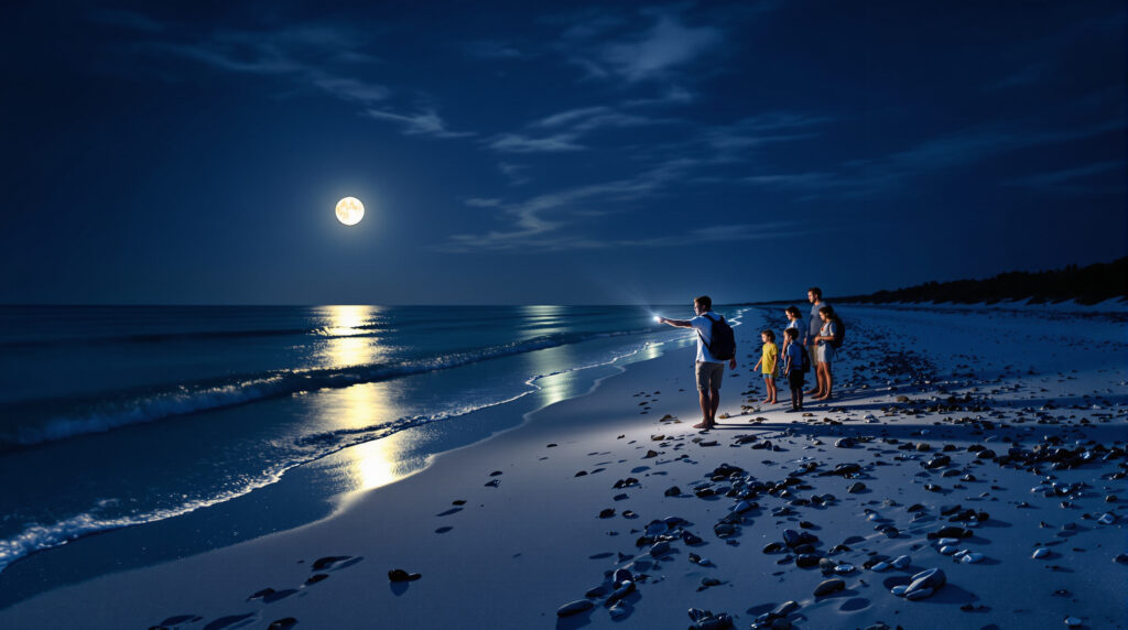 Group of adults and children walking with a naturalist along a sandy beach under a full moon, with flashlights illuminating tide pools and gentle waves in the background.